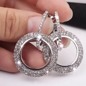 Rhinestone Double Circle Hoop Drop Silver Earrings